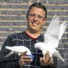 Fliegende Kameraden: Frank Gessner spielt mit zwei seiner Dropper-Tauben.