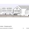 Der Neubau (rechts) wird dreigeschossig und wirkt vergleichsweise massiv. Der Neubau (rechts) wird dreigeschossig und wirkt vergleichsweise massiv.
