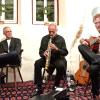 Im Wechsel stellte der Schauspieler Martin Menner (links) mit den beiden Musikern Rainer Schwander (Mitte) und Bernhard von der Goltz eine spannende Mischung aus Text und Musik zu Goethes Faust in der Karlstadter Fischergasse vor.