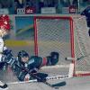 Alarmstufe vor vor dem Haßfurter Gehäuse, den mit (von links) Marc Zajic und (verdeckt) Josef Straka sind gleich zwei Schweinfurter Angreifer dicht am 1:1-Ausgleich. Doch Hawks-Schlussmann Martin Hildenbrand lässt sich nicht überwinden.