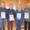 Die Geehrten: Für 25 und 40 Jahre Mitgliedschaft in der CSU Burgsinn zeichneten Bezirksrat Johannes Sitter (links) und Vorsitzender Franz Schüßler (rechts) Robert Muthig, Wolfgang Muthig (von links, 40 Jahre), Brunhilde Zagler und Alfred Hörnis (25) aus.