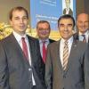 Beim Wirtschaftsforum: Rainer Wiederer (Vorstandssprecher VR-Bank Würzburg), Internet-Export Götz Schartner, CSU-Landtagsabgeordneter Manfred Ländner, Edgar Bauer (Kreisvorsitzender Genossenschaftsverband Bayern), Landrat Eberhard Nuß und Regierungsvizepräsident Andreas Metschke.