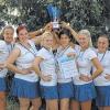 Größter Vereinserfolg im Frauen-Tennis: Die Regionalliga-Frauen von Weiß-Blau Würzburg feiern mit Evgeniya Pashkova, Zuzana Ledvinova, Mannschaftsführerin Aline Staudt, Sofia Raevskaia, Giulietta Boha und Dagmar Dudlakova (von links) die Meisterschaft und den Aufstieg in die Zweite Bundesliga Süd.