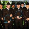 Aktive Treue zur Jagdhornbläser-Gruppe: Jägervereinsvorsitzender Peter Gleissner (links) und der Leiter der Bläsergruppe, Adolf Hümpfer (rechts), ehrten (weiter von links) Robert Schmitt, Erwin Markert, Erich Metz, Wilfried Hesselbach, Engelbert Schmitt und Christian Stöber.