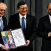 Freude über den Friedensnobelpreis für die EU: Herman Van Rompuy, EU-Ratspräsident, José Manuel Barroso, Präsident der EU-Kommission, und Martin Schulz, Präsident des EU-Parlaments (von links), haben am Montag in Stockholm stellvertretend für die Europäische Union die Auszeichnung entgegengenommen.