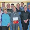 Blutspender-Ehrung: (von links) BRK-Kreisgeschäftsführer Thomas Lindörfer, Bürgermeisterin Bettina Bärmann, Erich Schneider, Sonja Moock, Hans-Jürgen Keller, Anni Krauser, Dieter Bausewein, Sandra Derleder, Petra Schnabl, Bernd Edgar Reiher, Werner Wegemer, Kristina Grimm, Gosbert Reuß, Maria Seidel, Leo Weismann, Oliver Vass sowie Kreisverbandsvorsitzender Hartmut Bräuer unter dem Niederwerrner Gemeindewappen.