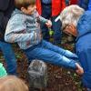Der alte Brauch des Stauchens: Der junge Felix Genheimer trug seinen Teil dazu bei, einen Grenzstein im Niklaswäldchen zu befestigen.Foto: M. Ernst