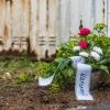 Ein Blumenstrauß vor dem verrosteten Tor einer Garage in Großostheim-Ringheim (Lkr. Aschaffenburg): Hier wurde vergangenes Jahr die Leiche einer 24-Jährigen gefunden. Am Mittwoch beginnt der Prozess gegen ihren Ex-Freund und einen weiteren Mann.