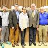 Die neue Führung des Handball-Bezirks: (von links) Klaus Sieß (stellvertretender Vorsitzender/Jugend/FC Bad Brückenau), Matthias Obinger (stellvertretender Vorsitzender/Bildung/SB DJK Rimpar), Harald Rost (Vorsitzender Bezirkssportgericht/MHV Schweinfurt), Liane Lurz (stellvertretende Vorsitzende/Talentförderung/SpVgg Giebelstadt), Wolfgang Rüger (Bezirksvorsitzender/SG Randersacker), Gerd Schäfer (stellvertretender Vorsitzender/Spielbetrieb/TV/DJK Hammelburg) und Alfred Sattes (stellvertretender Vorsitzender/Finanzen/TSV Albertshofen).