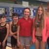 Ein Teil des Schwimmteams des VfL Sportfreunde Bad Neustadt bei den unterfränkischen Hallenmeisterschaft über die Kurzbahn (von links): Alina Steinweg, Vera Adushev, Emma Ungerecht, Laura Schmitkel, Fabien Hofmann, Sebastian Rasch und  Kampfrichter André Krause.