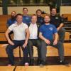 Die SG Randersacker am zweiten Bundesliga-Wettkampftag 2017: (hinten von links) Betreuer Patrick Hobner, Jonas Bausewein, Heiko Schindler, Marcus Hofmeister, (vorne von links) Heber  János Geerhardt, Kampfrichter Klaus Höhn, und Heber David Weidemüller. Es fehlt Daniel Härter.
