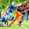Ein historischer Moment: Quarterback Sebastian Hertam läuft in die Endzone der Regensburg Royals, der erste Touchdown und die ersten sechs Punkte in der Geschichte der Mittelstreu Tigers.