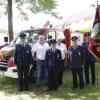 Feuerwehrauto eingeweiht (von links): Stefan Lieblein, Vorsitzender der Feuerwehrvereins Hambach, Bürgermeister Willi Warmuth, Zweiter Vereinsvorsitzender Paul Eck, Pfarrer Stefan Mollner, Kommandant Johannes Geier und Fahnenträger Matthias Eck.