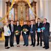 Freuten sich über die gelungene Renovierung der Orgel in St. Sebastian: (von links) Evelyne Büttner (Restaurierungen Büttner), Pfarrer Thomas Amrehn, Jennifer Wittmann-Müller (Sopran), Monika Rößner (Orgel),  Regionalkantor Rainer Aberle, Johannes Stephan (Trompete) und Orgelbaumeister Thomas Eichfelder.