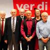 Jubilarehrung der Gewerkschaft ver.di im Fechenbachhaus (von links): Ilka Rögele (Vorsitzende ver.di-Ortsverein Würzburg), Edmund Wehr (65 Jahre ver.di-Mitglied), Heinz Hußlein (65 Jahre), Erhard Zentgraf (70 Jahre), Kurt Götz (60 Jahre), Dieter Gerlach (65 Jahre), Doris Stadelmayer (Geschäftsführerin ver.di Oberfranken), Peter Glasbrenner (65 Jahre), Günter Klühspies (65 Jahre) und Elfriede Becker (65 Jahre).