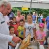 Tierarzt Herbert Konrad, der seinen Sohn Josef beim Projekttag vertrat, präsentierte eine mit Honig gefüllte und mit Wachs verschlossene Wabe. Mit einem Spachtel entfernte er das Wachs und setzte dann die so behandelte Wabe in die Honigschleuder ein.