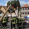 Kräftig anpacken war angesagt, als die Männer der Feuerwehr die mit dem Kirbekranz geschmückte Fichte aufstellten.