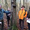 Als idealer Biotopbaum hat sich diese Hainbuche in der Waldabteilung Röthen bei Fabrikschleichach  entwickelt. Das zeigen der Zunderschwammbefall, Bohrlöcher von Holzinsekten und der hier sich tummelnde Schwarzkäfer. Darüber freuen sich (von links): Forstbetriebsleiter Ulrich Mergner, die FÖJlerin Katharina Crocoll, Revierleiter Paul Huber und der geprüfte Forstanwärter Stephan Weber.