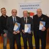 Ehrungen gab es bei der Delegiertenversammlung des Nordbayerischen Musikbundes in der Gartenstadt in Bad Neustadt. Im Bild (von links) Präsident Manfred Ländner, Hermann Seitz, Internetbeauftragter, Thomas Kolb, Vizepräsident, Ehrenbundesdirigent Professor Ernst Oestreicher, Werner Pörner, ehemaliger Vizedirigent, und Roland Preußl, Verbandsjugendleiter Nordbayerische Bläserjugend.