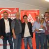 Kassierer Harald Gans, erster Bevollmächtigte Gerd Koch, ehrenamtlicher zweiter Bevollmächtigter Rainer Seifert, die Betriebsräte der Firma Rauch-Möbelwerke Conny Miltenberger, Peter Müller und Christian Böxler sowie Martin Sambeth von der IG Metall-Bezirksleitung aus Stuttgart.