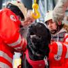 Jeanette Sterk (hinten rechts) befestigt mit ihren Kollegen den Sicherheitsgurt an ihrem Rettungshund Pluto, bevor er mit dem Kran in den Tunnel herabgelassen wird.