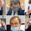 Sechs Politiker beim Tragen oder An- und Abziehen eines Mundschutzes. Von oben links nach unten rechts: Stephan Weil (SPD), Ministerpräsident Niedersachsen, Markus Söder (CSU), Ministerpräsident Bayern, Werner Kogler, Vizepräsident von Österreich, Bundesgesundheitsminister Jens Spahn (CDU), Armin Laschet (CDU), Ministerpräsident Nordrhein-Westfalen, und Daniel Günther (CDU), Ministerpräsident Schleswig-Holstein.