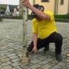 Martin Fella klopft die Holzklötze fest, damit der Baum sicher steht. Martin Fella klopft die Holzklötze fest, damit der Baum sicher steht.