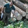 Forstbetriebsleiter Heiko Stölzner verweist auf durch Pilze blau verfärbtes Holz. Dies stellt jedoch keine Qualitätsminderung dar.