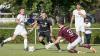 In dieser Szene glücklos, aber trotzdem 1:0-Torschütze für den TSV Unterpleichfeld: Leon Volkmuth (schwarzes Trikot) - im Duell mit dem Kahler Schlussmann Patrick Kasiow. Dessen Teamkollegen Marvin Rehm (links) und Mike Kirchner wären hier zu spät gekommen.
