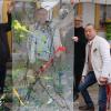 Alfred Wiener, Thomas Lange (hinten), Barbara Wiener und Mutsuo Hirano (von links) zeigen eine der transparenten Metallbahnen von Thomas Lange vor dem Café Denkmal. Ob sie dort tatsächlich zu sehen sein werden, ist ungewiss.