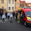 Im Bild von links Kreisbrandrat Holger Strunk, Max Zöller (Jugendfeuerwehr), 1. Vorsitzender Günter Löber, Nils Heinisch (Jugendfeuerwehr), 2. Kommandant Wolfgang Saam, Michel Keller (Jugendfeuerwehr), Jakob Saam (Jugendfeuerwehr), 1. Kommandant Winfried Keller, 2. Vorsitzender Dieter Sauer, Pfarrer Christoph, Bürgermeister Sebastian Hauck.