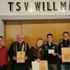 Anlässlich des 100-jährigen Bestehens des TSV Willmars gab es neben zahlreichen Ehrungen für langjährige Mitglieder auch besondere Ehrungen für langjährige Mitarbeit in der Vereinsvorstandschaft. Verdiente Funktionäre des Vereins wurden dabei mit der Verdienstnadel des BLSV auszeichnet. Die Verdienstnadel in Gold mit Kranz für über 30-jährige Funktionärstätigkeit im Verein erhielten Ingrid Schätzlein, Wolfgang Hartmann und Rudi Scheidler. Die Verdienstnadel in Gold mit Brillanten für über 40-jährige Funktionärstätigkeit im Verein erhielt Baldur Kempf. Der Verein selbst erhielt die Ehrenurkunde des BLSV zum 100-jährigen Bestehen in Verbindung mit einem Gutschein für Sportgeräte. Ebenfalls zu den Geehrten für langjährige Mitgliedschaft zählte der Bürgermeister der Gemeinde Willmars, Reimund Voß, der als langjähriger aktiver Schiedsrichter dem Sport ebenfalls sehr verbunden ist. Auf dem Bild von links Klaus Greier (BLSV-Kreisvorsitzender), Uwe Leiber, Rudi Scheidler, Ingrid Schätzlein, Mario Seegräber, Steffen Schmidt und Bürgermeister Reimund Voß.