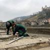 Auszubildende des Gartenamtes erstellen einen Kreis aus Mosaikpflaster.