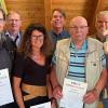 Die geehrten langjährigen Mitglieder des CSU-Ortsverbandes Wülfershausen  (von links): Rudi Koob, Bürgermeister und Ortsvorsitzender Wolfgang Seifert, Andrea Kleinert, Kreisvorsitzender Christoph Herbert, Peter Götz, MdL Steffen Vogel und Ralf Kleiner.
