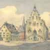 Aquarell vom Marktplatz Karlstadt mit dem alten Rathaus von Bruno von Trost-Régnard.