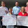 Rektor Stefan Wolbert, Manuela Welter (Kindergarten St. Sebastian), Beratungscenter-Leiter Cornelius Göb, Katja Renz (Kindergarten St. Maria) sowie Michael Hartmann (JTSC Dettelbach) bei der symbolischen Scheckübergabe.