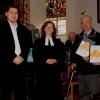 Verabschiedung des langjährigen Dirigenten des Gleisenauer Posaunenchores (von links): Dieter Eisenacher, Dirigent Marco Rügheimer, Pfarrerin Sarah Schimmel, der bisherige Posaunen-Chorleiter Herbert Hofmann und der Vizepräsident der evangelischen Posaunenchöre Bayerns, Markus Kaiser.