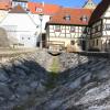 Aus den beschädigten Fugen der Wasserrinne wuchert das Unkraut. Aus den beschädigten Fugen der Wasserrinne wuchert das Unkraut.