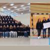 Links: die Teilnehmer von der HSG Pleichach am Turnier / Rechts: wir bedanken uns für die großzügige Spende der Sparkasse Mainfranken Würzburg - Janina Keupp, Sophia Fischer (beide HSG), Sebastian Schüll (Sparkasse), Lena Zimmermann (HSG), Sitta Kaufmann (SVB).