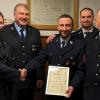 Ehrung für 25 Jahre Feuerwehrmitgliedschaft. Auf dem Foto von links 1. Kommandant Kilian Memmel, 1. Vorsitzender Lothar Link, Martin Metzler, 2. Vorsitzender Johannes Schubert, 2. Kommandant Peter Vogt.