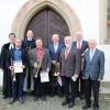 Ehrungen beim Posaunenchor Gollhofen: Pfarrer Frederik Heid, Bastian Keller, Peter Weidt, Jürgen Trabert, Karl Koclir, Manfred Ruhl, Gerd Keller, Obmann Siegfried Ruhl (von links).