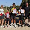 Bei der Siegerehrung des Tischtennis-Rundlauf-Turniers in Mühlhausen von links: Dritter Bürgermeister Christian Albert, Gemeindejugendpflegerin Jasmin Schmitt, Korbinian Galm (3. Platz), Nino März (1. Platz), Fabio März (2. Platz), Jugendbeauftragter Thomas Herr und Jugendbeauftragte Birgit Hohm von der Gemeinde Estenfeld.