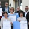 Freude über die Ehrungen (hinten von links): Gunther Goldmann, Holger Hagenbusch, Ursula Weiß, Gerhard Kehm und Martin Strobl sowie (vorn von links) Terra Böhm, Christiane Schwertfeger-Göpfert, Petra Kiesel und Obermeisterin Katharina Walker
