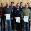 Auf dem Foto (von links): Stv. Kommandant Christian Winkler, Thomas Gerhard (geehrt für 25 Jahre aktiven Dienst), Kommandant Johannes Schmitt, Andreas Winkler (40 Jahre), Michael Höfling (25 Jahre), Jürgen Zink (40 Jahre), Vorsitzender Stefan Gerhard, Josef Krebs (50 Jahre), stv. Vorsitzender Lukas Sauer, Bürgermeister Michael Hombach.