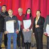 Ehrung treuer Mitarbeiter: Geschäftsführerin Gertrud Moll-Möhrstedt (2. von rechts) mit Betriebsratsvorsitzender Viktor Kondratjuk, Reinhold Weidner (25 Jahre), Wolfgang Bayer (25 Jahre), Georg Lorenz (35 Jahre), Kerstin Fuchs (25 Jahre) und Werner Pohl (40 Jahre) (von links).
