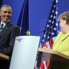Bestens gelaunt zeigten sich Bundeskanzlerin Angela Merkel und US-Präsident Barack Obama bei der Pressekonferenz im Schloss Herrenhausen. Foto: Michael Kappeler