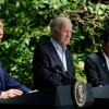US-Präsident Joe Biden (M), Japans Premierminister Fumio Kishida (r), und Südkoreas Präsident Yoon Suk Yeol bei einer  Pressekonferenz in Camp David.