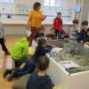 Blick in die Vitrine: Im Kies des Mains wurdender riesige Mammut-Stoßzahn und andere Zähne gefunden, erklärt Christine Liebl (oranger Pulli). Blick in die Vitrine: Im Kies des Mains wurdender riesige Mammut-Stoßzahn und andere Zähne gefunden, erklärt Christine Liebl (oranger Pulli).