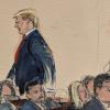 Diese Gerichtssaal-Skizze zeigt, wie der ehemalige Präsidenten Donald Trump (l) gefolgt von seinem Rechtsbeistand Boris Epshteyn den Gerichtssaal verlässt.