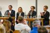 Was sagen die vier Würzburger OB-Kandidierenden zur geplanten Straßenbahn-Linie-6? Von Links: Claudia Stamm, Martin Heilig, Judith Roth-Jörg, Manuela Göbel (Moderation) und Eva von Vietinghoff-Scheel.